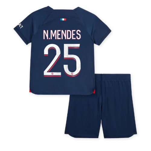 Otroški Nogometni dresi Paris Saint-Germain Nuno Mendes #25 Domači 2023-24 Kratek Rokav (+ Kratke hlače)